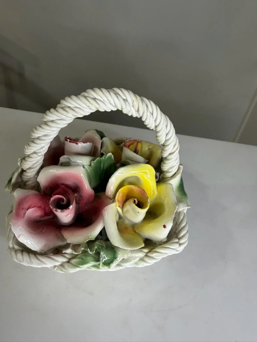 Capodimonte Italian Porcelain Floral Basket with Pink, Yellow and Green Roses